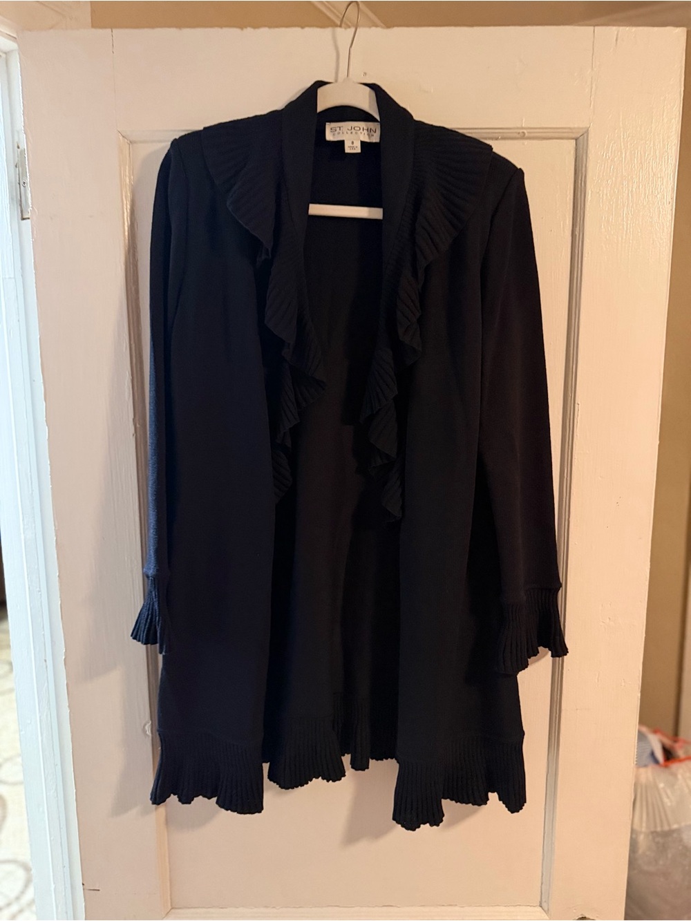 St. John Collection Black Knit Ruffle Open Front Cardigan | Size 8 | Made in USA